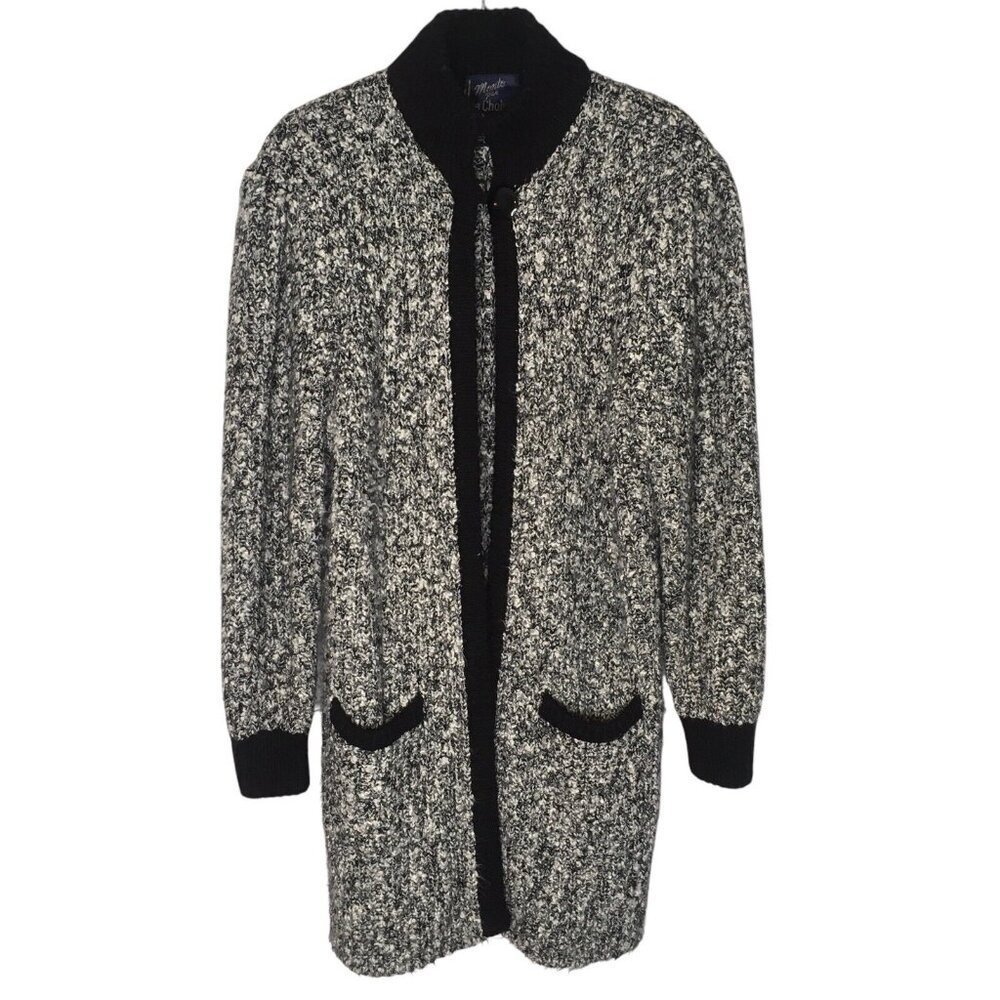 Vintage Boucle Open Front Chunky Knit Sweater Cardigan Women M Mock Neck Black